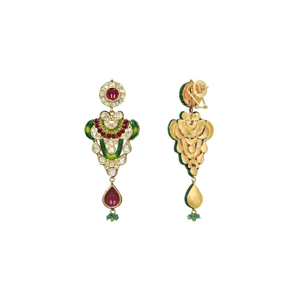 Polki Earrings with Red-Green Enamel, Rhodolite, and Emerald Beads